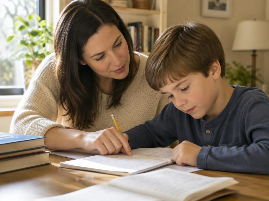 Madre ayudando a su hijo con las tareas